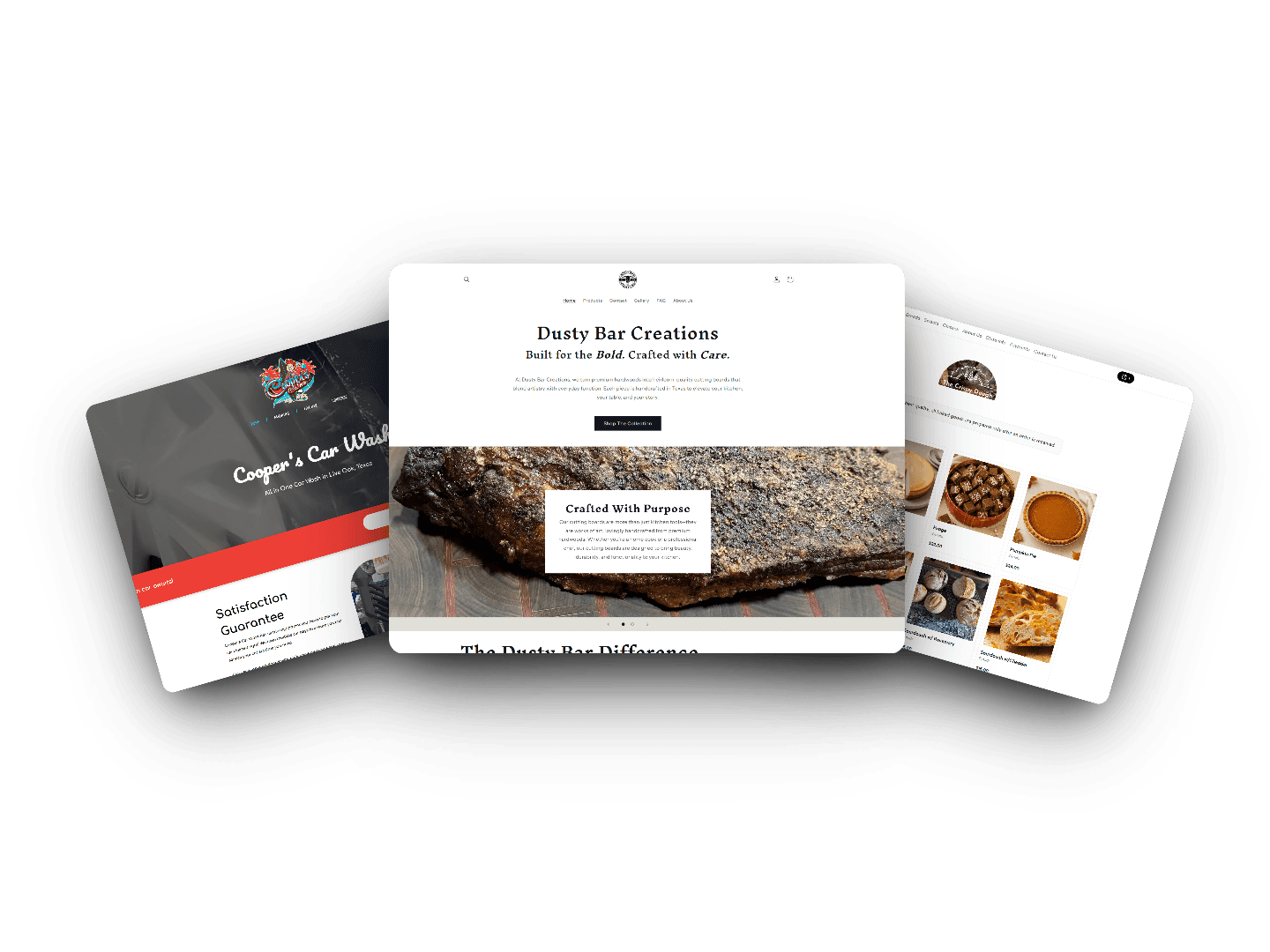Website designs for Cooper’s Car Wash, Dusty Bar Creations, and The Crispy Dough